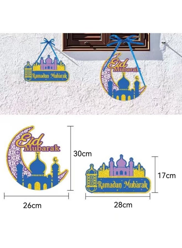 2PCS Ramadan & Eid Mubarak Door Hanging Decorations – Moon, Mosque & Lantern Paper Wall Pendant Home Festival Decor - Image 4